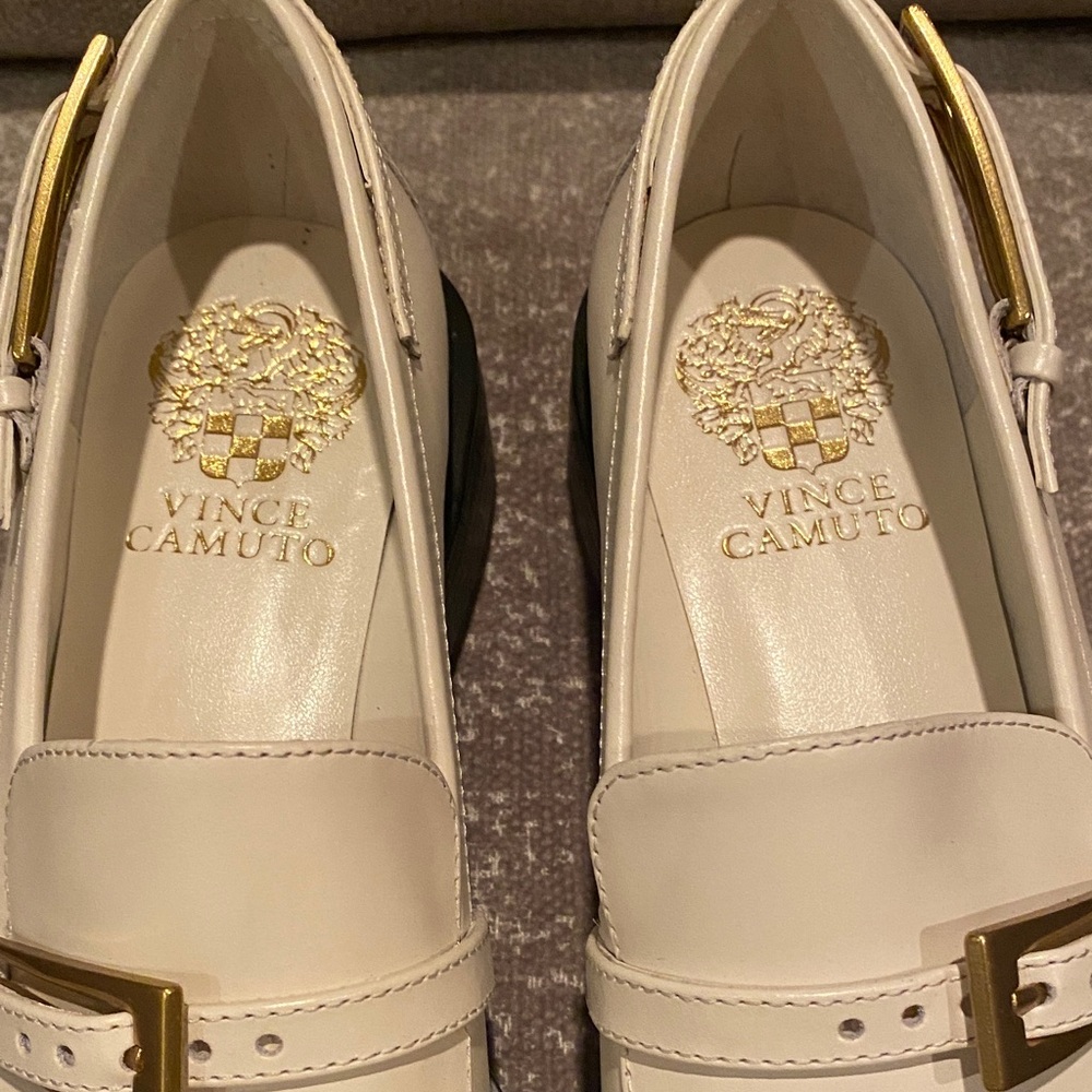 Vince Camuto Cream Loafers with Gold Buckle - Picture 4 of 8